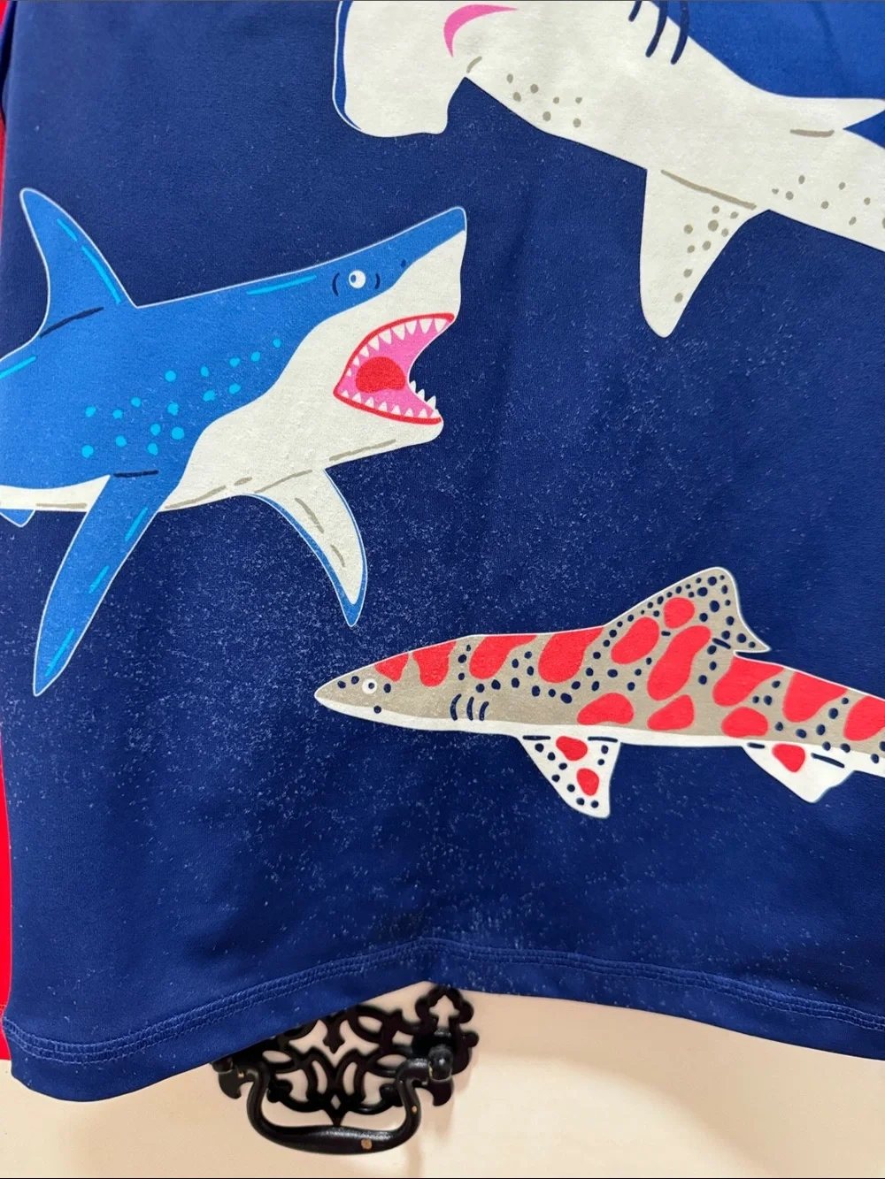 Mini Boden Kids Rash Guard Swim Shirt - Navy & Red Sharks and shorts set